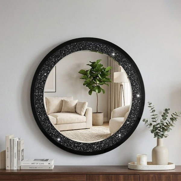 English Elm Modern Crushed Crystal Mosaic Round Wall Mirror Glam Accent for Entryway or Bath Black W3836P524195