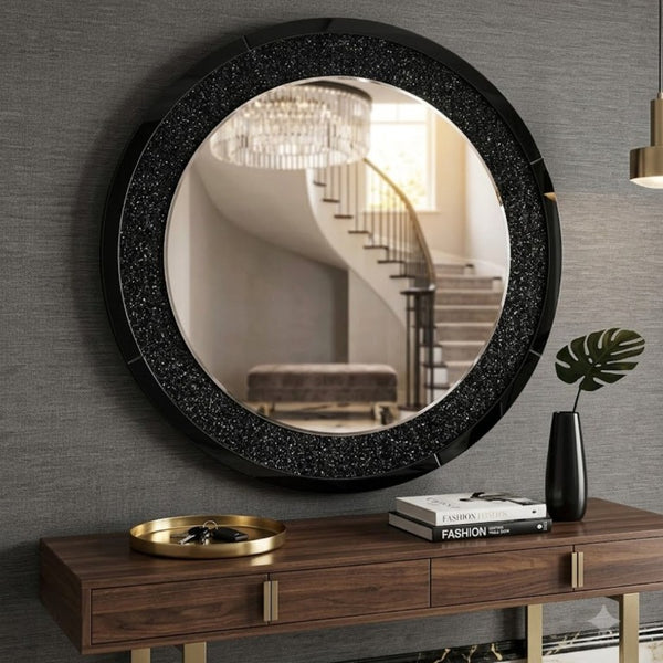 English Elm Modern Crushed Crystal Mosaic Round Wall Mirror Glam Accent for Entryway or Bath Black W3836P524195