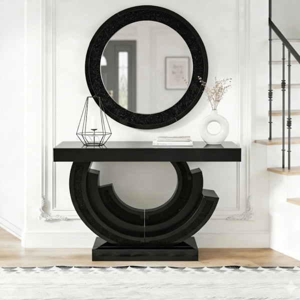 English Elm Modern Crushed Crystal Mosaic Round Wall Mirror Glam Accent for Entryway or Bath Black W3836P524195