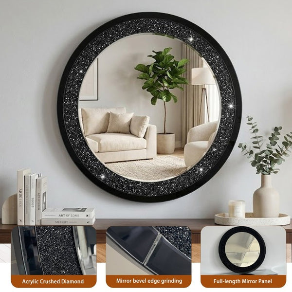 English Elm Modern Crushed Crystal Mosaic Round Wall Mirror Glam Accent for Entryway or Bath Black W3836P524195
