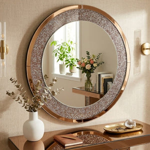 English Elm Modern Crushed Crystal Mosaic Round Wall Mirror Glam Accent for Entryway or Bath Brown W3836P524198