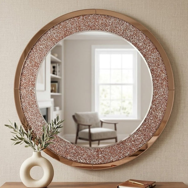 English Elm Modern Crushed Crystal Mosaic Round Wall Mirror Glam Accent for Entryway or Bath Brown W3836P524198