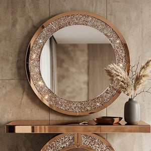 English Elm Modern Crushed Crystal Mosaic Round Wall Mirror Glam Accent for Entryway or Bath Brown W3836P524198