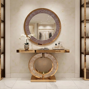 English Elm Modern Crushed Crystal Mosaic Round Wall Mirror Glam Accent for Entryway or Bath Brown W3836P524198