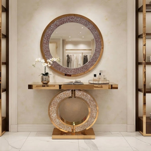 English Elm Modern Crushed Crystal Mosaic Round Wall Mirror Glam Accent for Entryway or Bath Brown W3836P524198