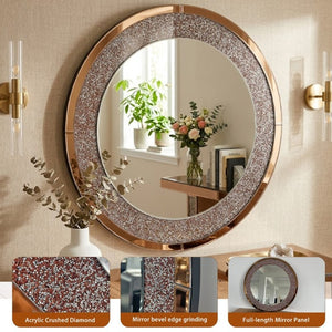 English Elm Modern Crushed Crystal Mosaic Round Wall Mirror Glam Accent for Entryway or Bath Brown W3836P524198