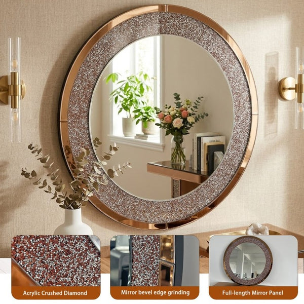 English Elm Modern Crushed Crystal Mosaic Round Wall Mirror Glam Accent for Entryway or Bath Brown W3836P524198