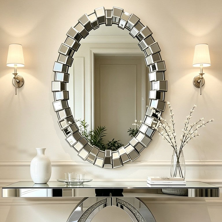 English Elm Textured Two-Tone Mirror Block Round Wall Sculptural Geometric Frame for Glam Interiors W3836P552374