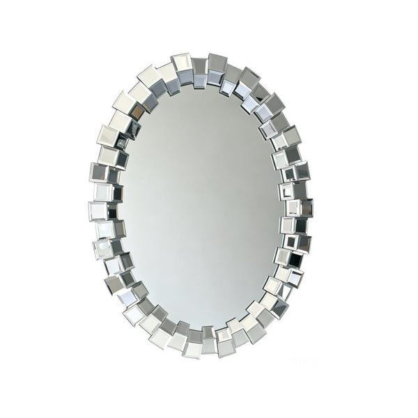 English Elm Textured Two-Tone Mirror Block Round Wall Sculptural Geometric Frame for Glam Interiors W3836P552374