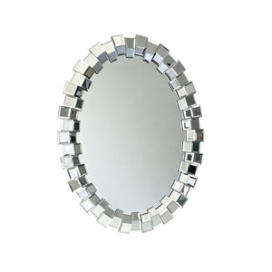 English Elm Textured Two-Tone Mirror Block Round Wall Sculptural Geometric Frame for Glam Interiors W3836P552374