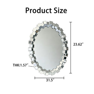 English Elm Textured Two-Tone Mirror Block Round Wall Sculptural Geometric Frame for Glam Interiors W3836P552374