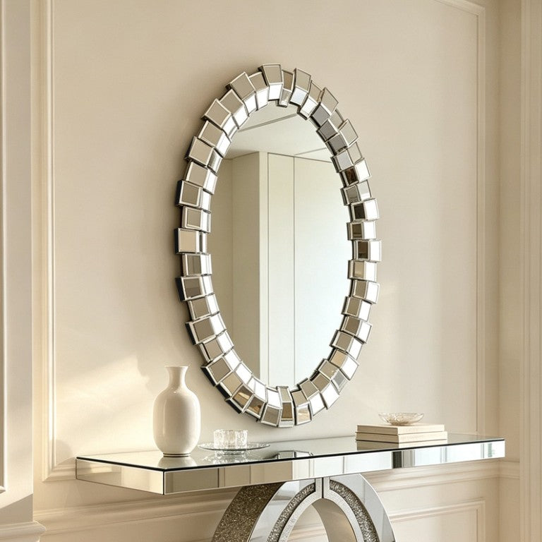 English Elm Textured Two-Tone Mirror Block Round Wall Sculptural Geometric Frame for Glam Interiors W3836P552374