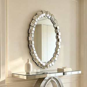 English Elm Textured Two-Tone Mirror Block Round Wall Sculptural Geometric Frame for Glam Interiors W3836P552374