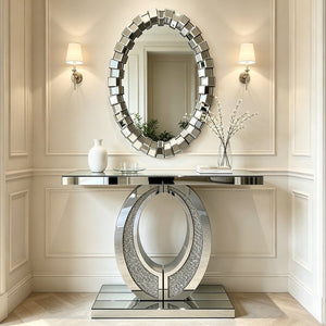 English Elm Textured Two-Tone Mirror Block Round Wall Sculptural Geometric Frame for Glam Interiors W3836P552374