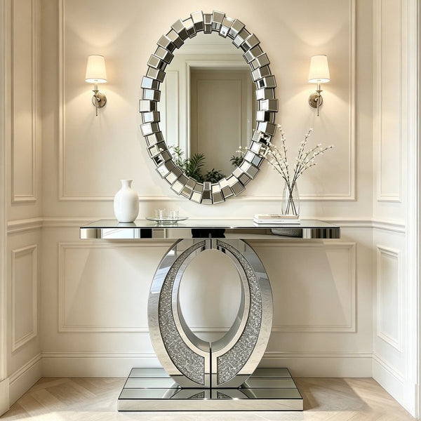 English Elm Textured Two-Tone Mirror Block Round Wall Sculptural Geometric Frame for Glam Interiors W3836P552374