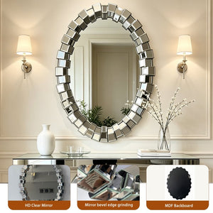 English Elm Textured Two-Tone Mirror Block Round Wall Sculptural Geometric Frame for Glam Interiors W3836P552374