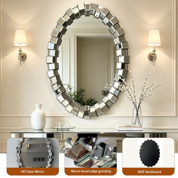 English Elm Textured Two-Tone Mirror Block Round Wall Sculptural Geometric Frame for Glam Interiors W3836P552374