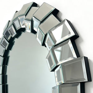 English Elm Textured Two-Tone Mirror Block Round Wall Sculptural Geometric Frame for Glam Interiors W3836P552374