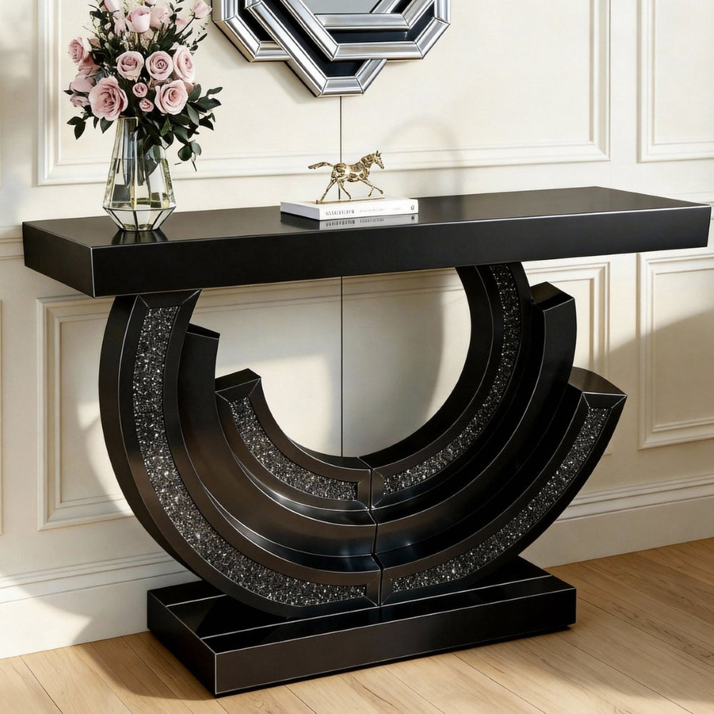 English Elm Modern Glam Console Table Mirrored Base Black Tempered Glass Diamond Entryway Accent W3836S00004