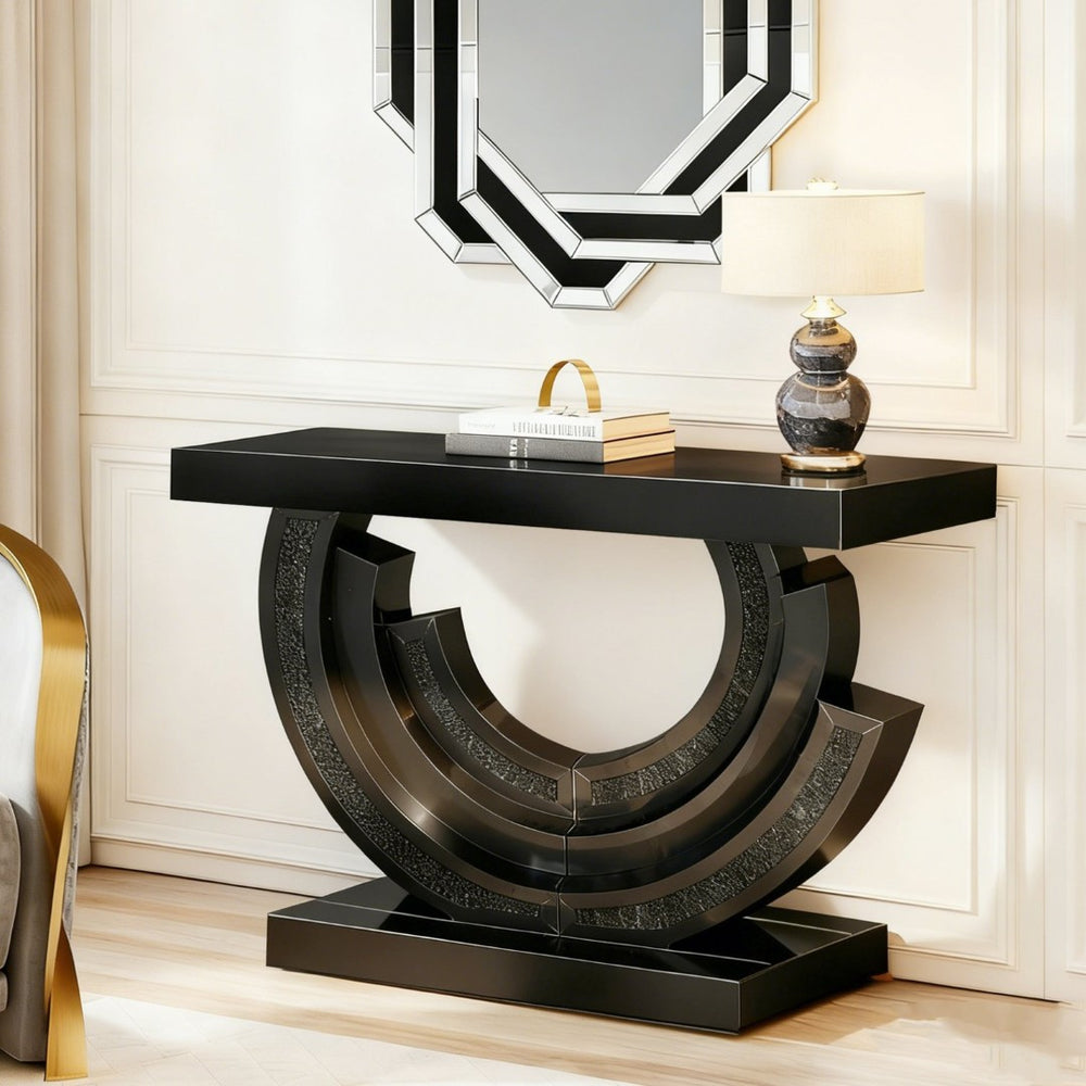 English Elm Modern Glam Console Table Mirrored Base Black Tempered Glass Diamond Entryway Accent W3836S00004