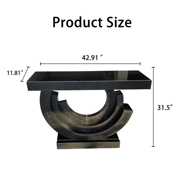 English Elm Modern Glam Console Table Mirrored Base Black Tempered Glass Diamond Entryway Accent W3836S00004