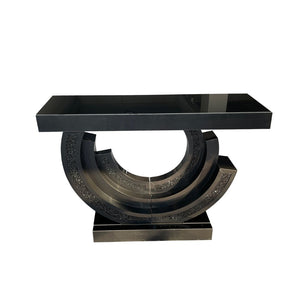English Elm Modern Glam Console Table Mirrored Base Black Tempered Glass Diamond Entryway Accent W3836S00004