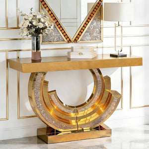 English Elm New Mirrored Console Table with Diamond Acrylic Inlay Glam Entryway Accent Piece W3836S00006