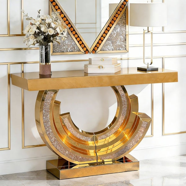 English Elm New Mirrored Console Table with Diamond Acrylic Inlay Glam Entryway Accent Piece W3836S00006