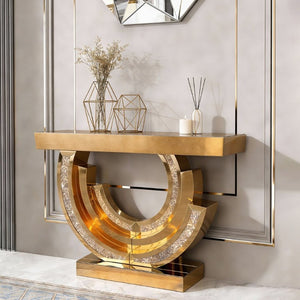 English Elm New Mirrored Console Table with Diamond Acrylic Inlay Glam Entryway Accent Piece W3836S00006