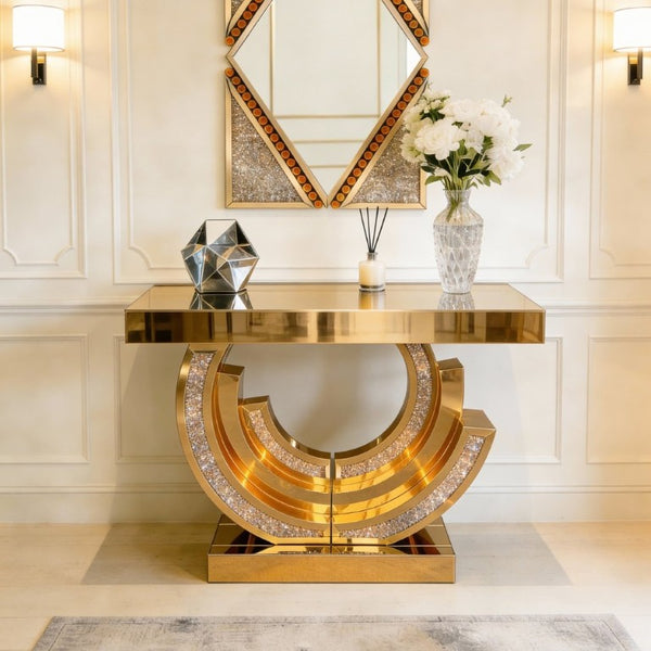 English Elm New Mirrored Console Table with Diamond Acrylic Inlay Glam Entryway Accent Piece W3836S00006