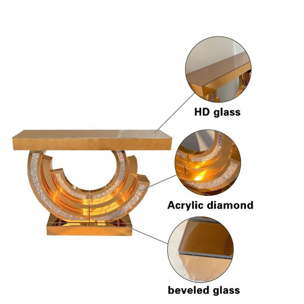English Elm New Mirrored Console Table with Diamond Acrylic Inlay Glam Entryway Accent Piece W3836S00006