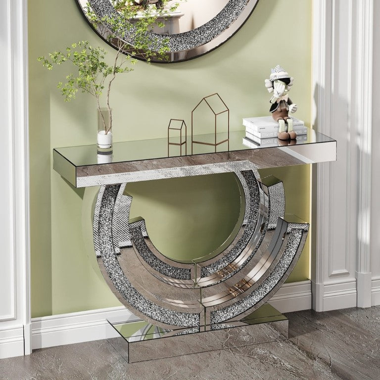 English Elm 3C Mirrored Console Table with Crushed Diamond Acrylic Glam Entryway Living Room Accent W3836S00007