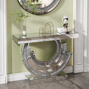 English Elm 3C Mirrored Console Table with Crushed Diamond Acrylic Glam Entryway Living Room Accent W3836S00007