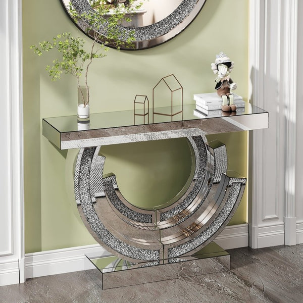 English Elm 3C Mirrored Console Table with Crushed Diamond Acrylic Glam Entryway Living Room Accent W3836S00007
