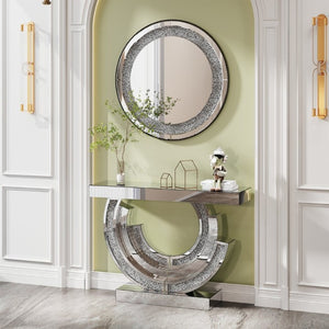 English Elm 3C Mirrored Console Table with Crushed Diamond Acrylic Glam Entryway Living Room Accent W3836S00007
