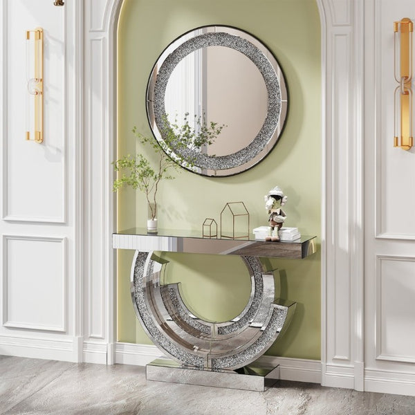 English Elm 3C Mirrored Console Table with Crushed Diamond Acrylic Glam Entryway Living Room Accent W3836S00007