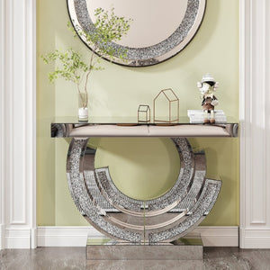 English Elm 3C Mirrored Console Table with Crushed Diamond Acrylic Glam Entryway Living Room Accent W3836S00007