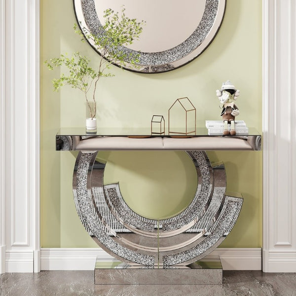 English Elm 3C Mirrored Console Table with Crushed Diamond Acrylic Glam Entryway Living Room Accent W3836S00007