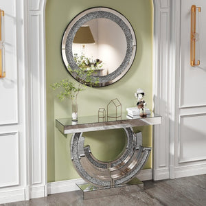English Elm 3C Mirrored Console Table with Crushed Diamond Acrylic Glam Entryway Living Room Accent W3836S00007