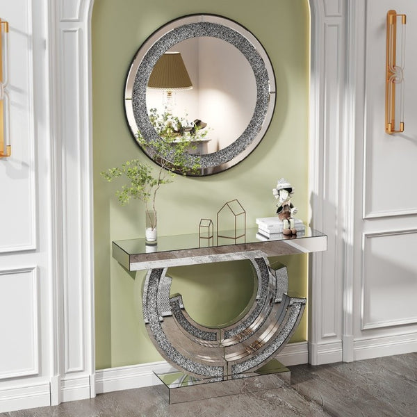 English Elm 3C Mirrored Console Table with Crushed Diamond Acrylic Glam Entryway Living Room Accent W3836S00007