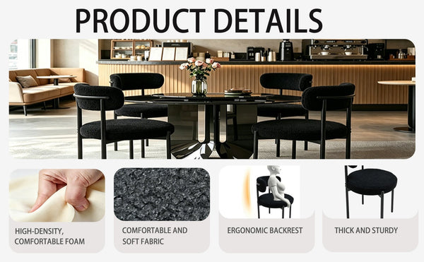 English Elm Medieval Boucle Dining Chair Set of Four with Tufted Round Seats and Black Metal Legs W3851P493725