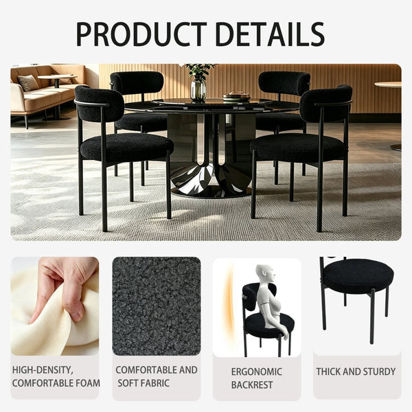 English Elm Medieval Boucle Dining Chair Set of Four with Tufted Round Seats and Black Metal Legs W3851P493725