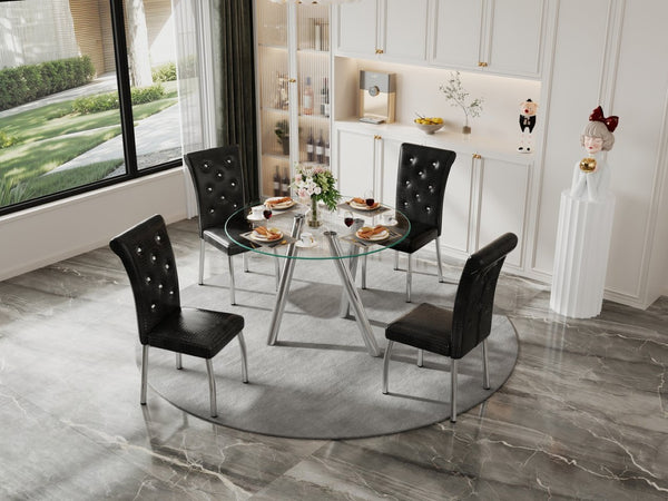 English Elm 35-inch Square Tempered Glass Dining Table with Sleek Electroplated Legs for Small Spaces W3875P369276