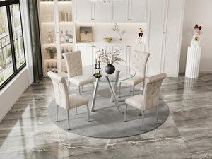 English Elm 35-inch Square Tempered Glass Dining Table with Sleek Electroplated Legs for Small Spaces W3875P369276