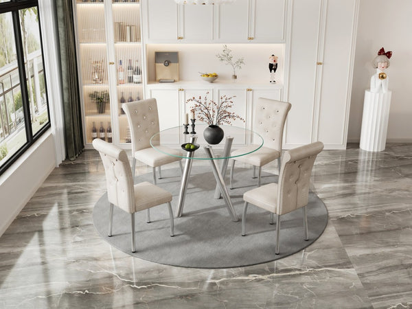 English Elm 35-inch Square Tempered Glass Dining Table with Sleek Electroplated Legs for Small Spaces W3875P369276