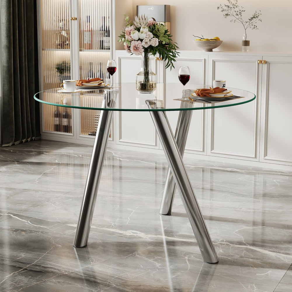 English Elm 35-inch Square Tempered Glass Dining Table with Sleek Electroplated Legs for Small Spaces W3875P369276