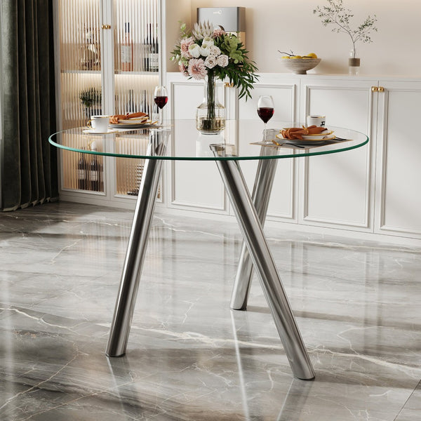 English Elm 35-inch Square Tempered Glass Dining Table with Sleek Electroplated Legs for Small Spaces W3875P369276