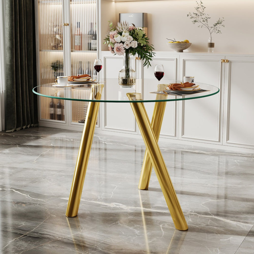 English Elm 35-inch Square Tempered Glass Dining Table with Polished Metal Legs for Small Spaces W3875P369277