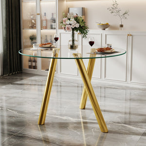 English Elm 35-inch Square Tempered Glass Dining Table with Polished Metal Legs for Small Spaces W3875P369277