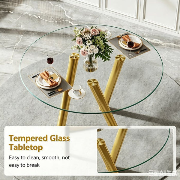 English Elm 35-inch Square Tempered Glass Dining Table with Polished Metal Legs for Small Spaces W3875P369277